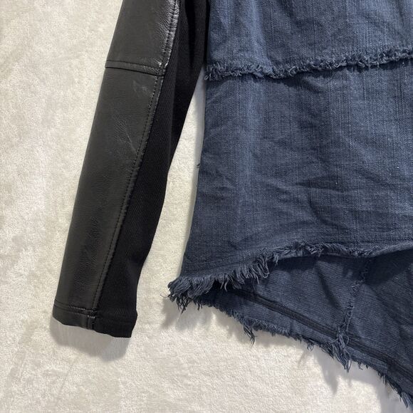 BlankNYC Drape Front Mixed Media Denim Vegan Leather Fringe Jacket Size Medium - Picture 12 of 15